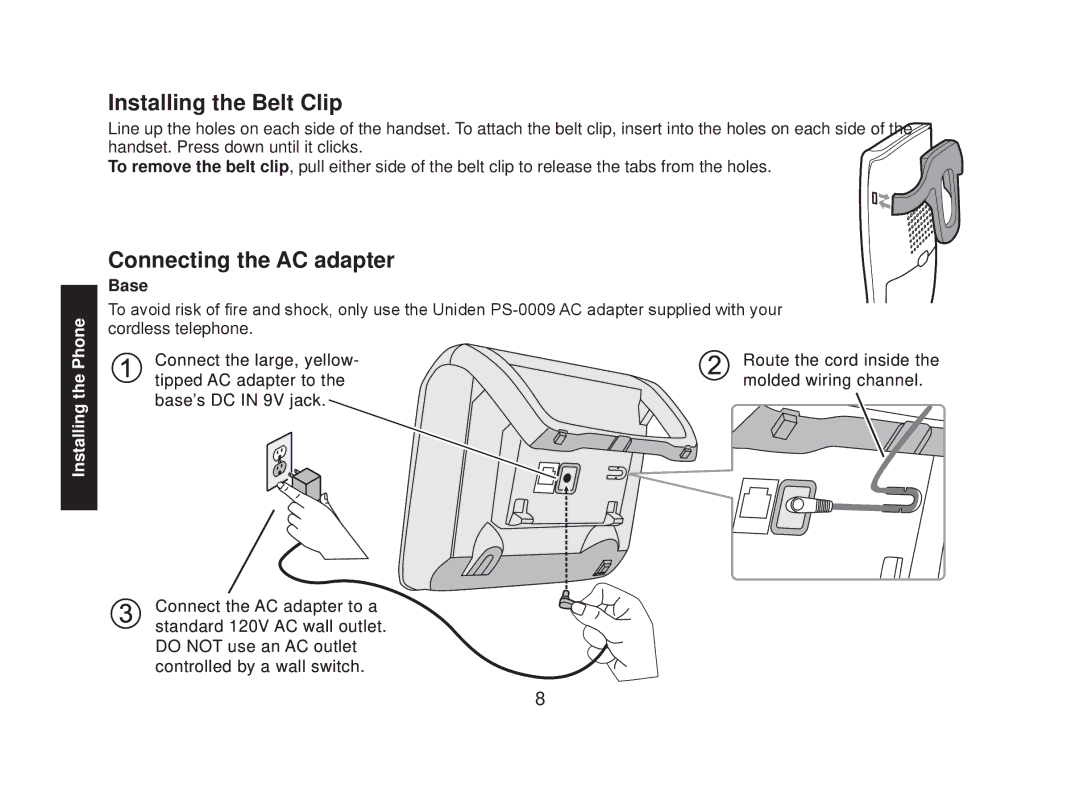 Uniden DECT2085-4WX manual Installing the Belt Clip, Connecting the AC adapter, Base 