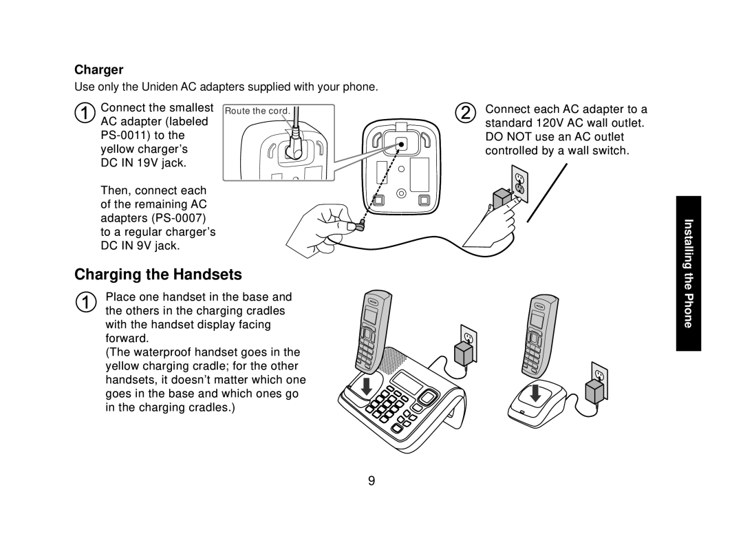 Uniden DECT2085-4WX manual Charging the Handsets, Charger, DC in 19V jack 