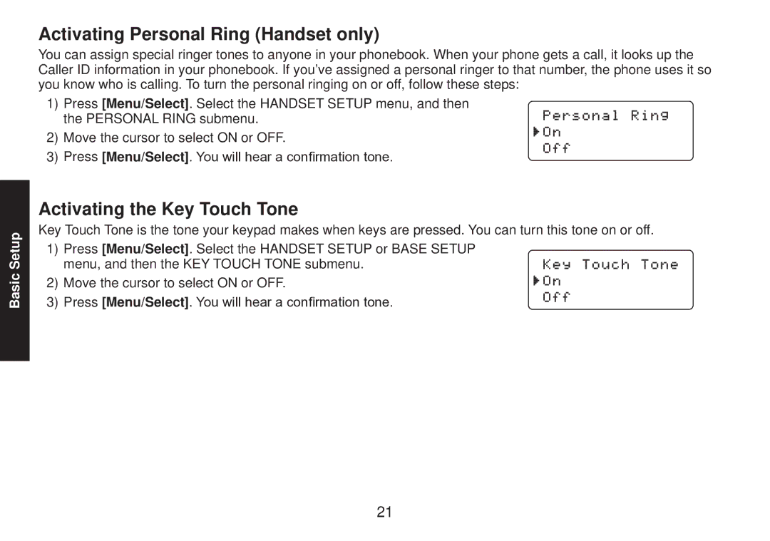 Uniden DECT2085 manual Activating Personal Ring Handset only, Activating the Key Touch Tone 