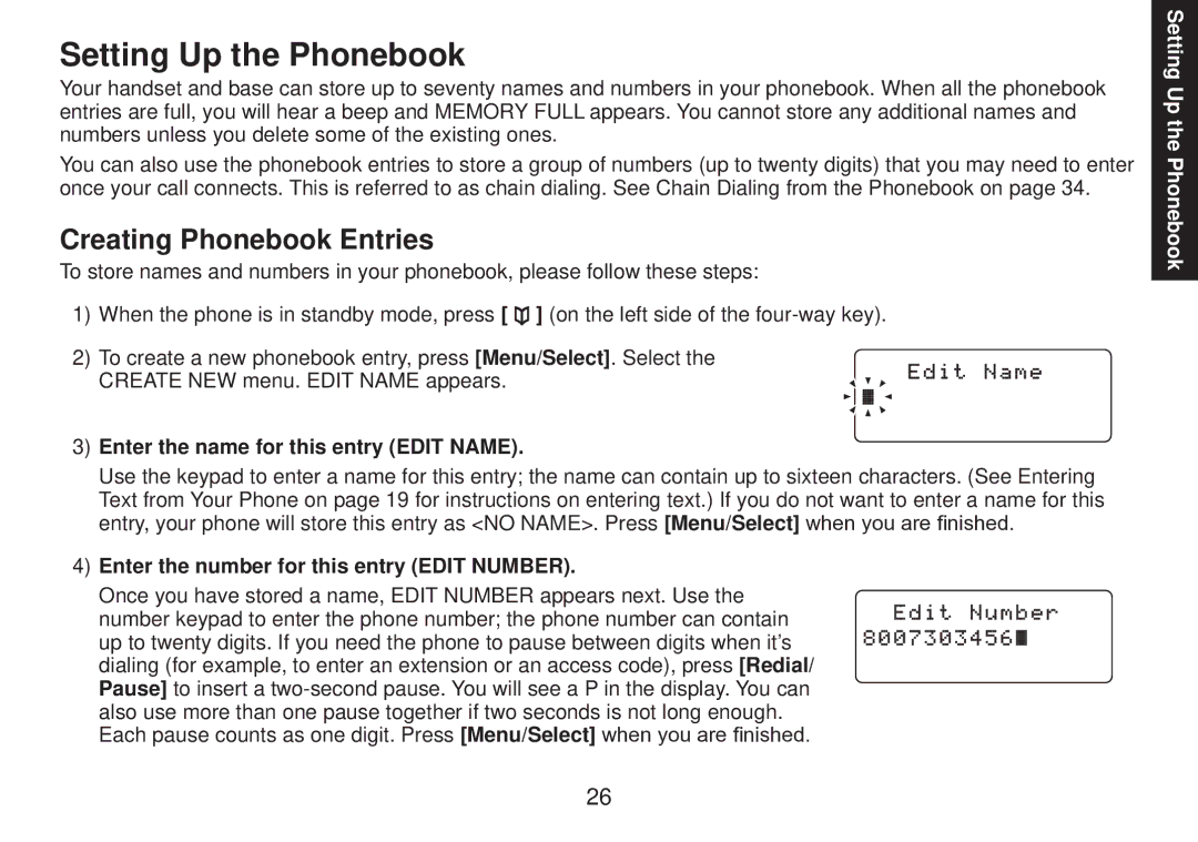 Uniden DECT2085 manual Setting Up the Phonebook, Creating Phonebook Entries, Enter the name for this entry Edit Name 