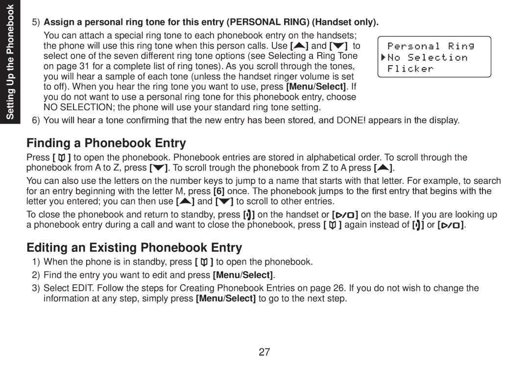 Uniden DECT2085 manual Finding a Phonebook Entry, Editing an Existing Phonebook Entry 