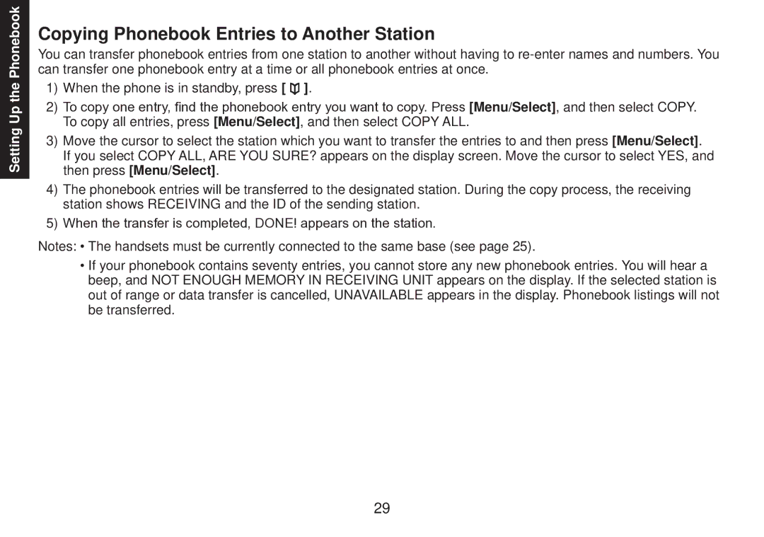 Uniden DECT2085 manual Copying Phonebook Entries to Another Station 