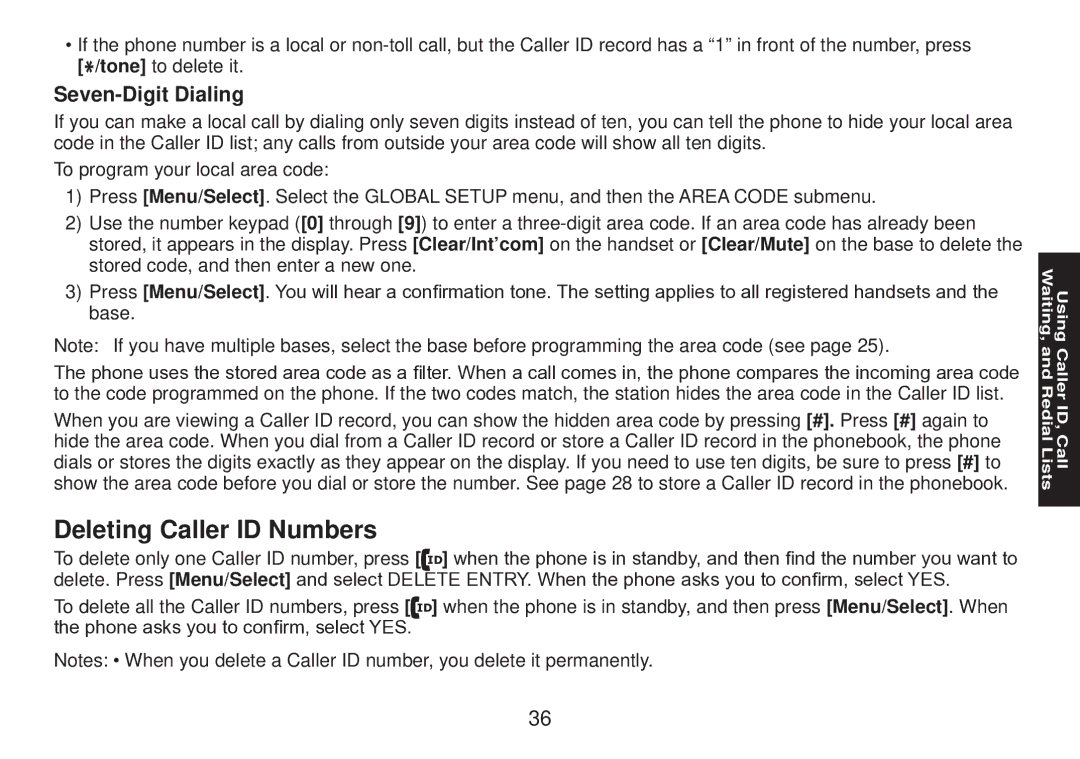 Uniden DECT2085 manual Deleting Caller ID Numbers, Seven-Digit Dialing 