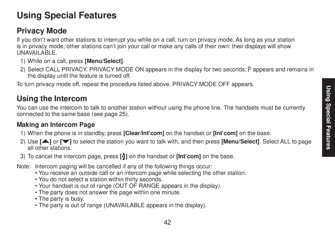 Uniden DECT2085 manual Using Special Features, Privacy Mode, Using the Intercom, Making an Intercom 