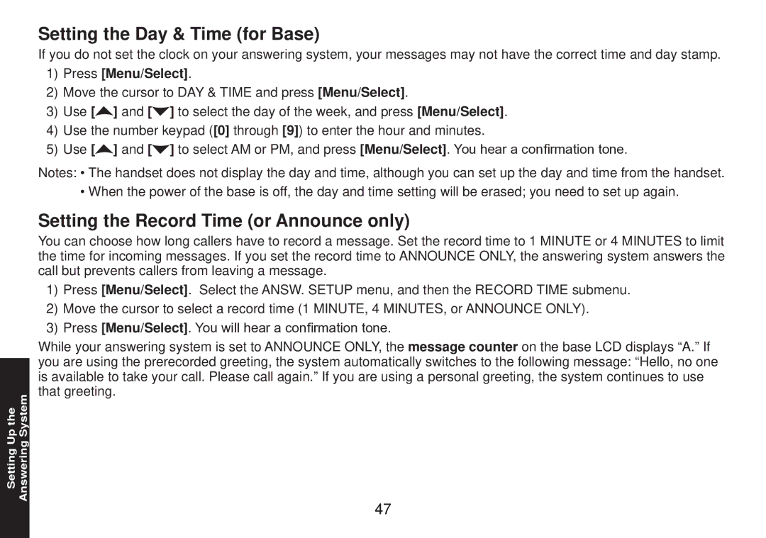 Uniden DECT2085 manual Setting the Day & Time for Base, Setting the Record Time or Announce only 