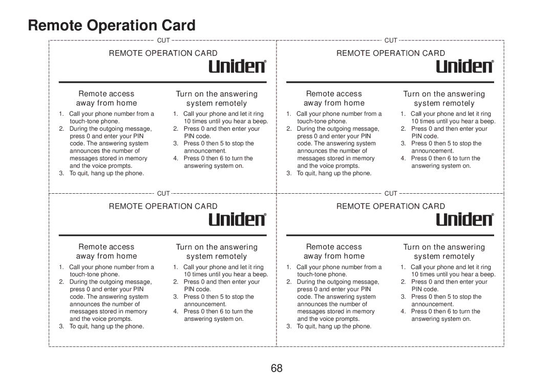 Uniden DECT2085 manual Remote Operation Card, Remote access away from home 