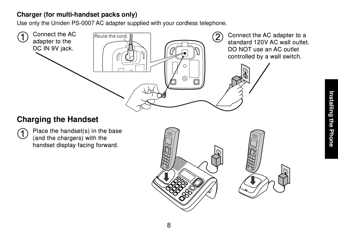 Uniden DECT2085 manual Charging the Handset, Charger for multi-handset packs only 