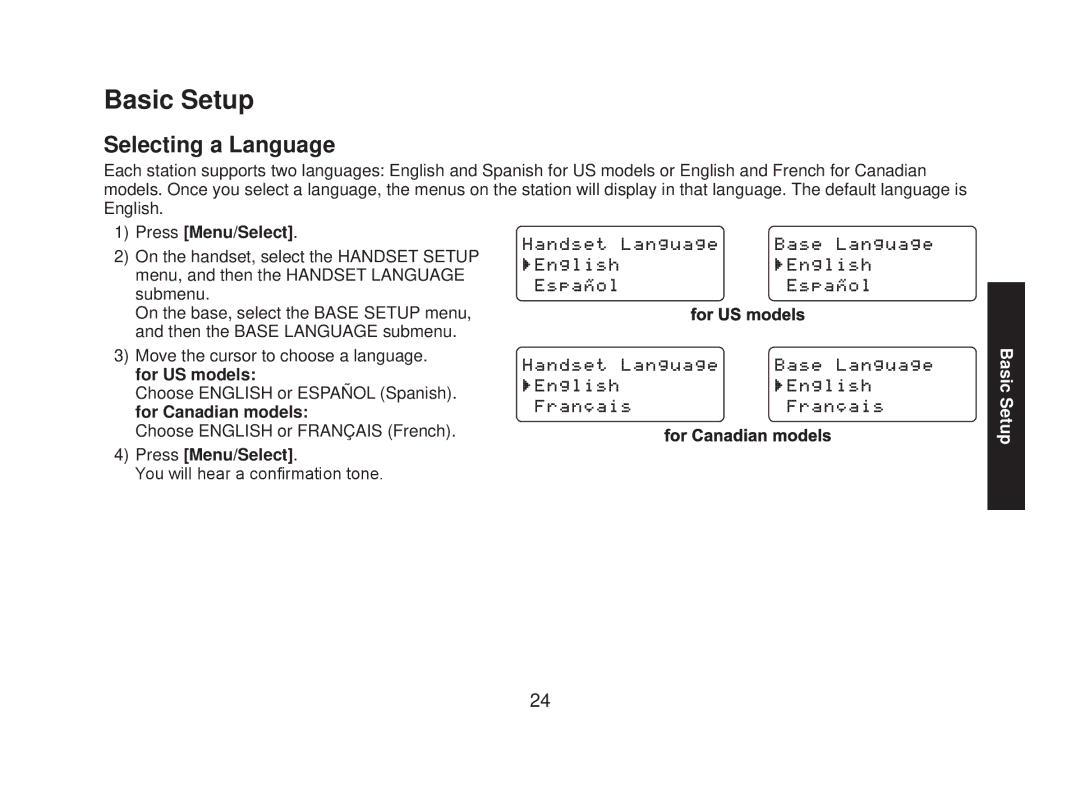 Uniden DECT2088 Series manual Basic Setup, Selecting a Language, Press Menu/Select 