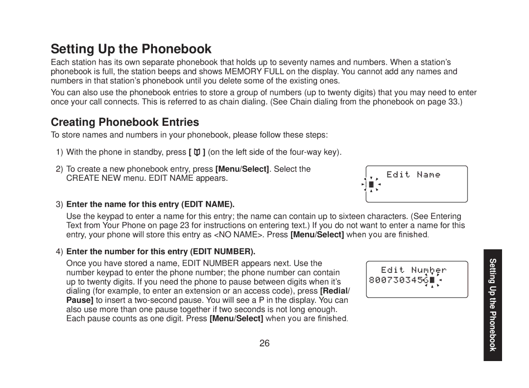 Uniden DECT2088 Series manual Setting Up the Phonebook, Creating Phonebook Entries, Enter the name for this entry Edit Name 