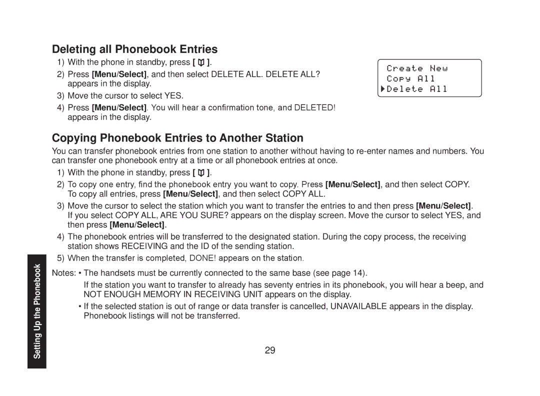 Uniden DECT2088 Series manual Deleting all Phonebook Entries, Copying Phonebook Entries to Another Station 