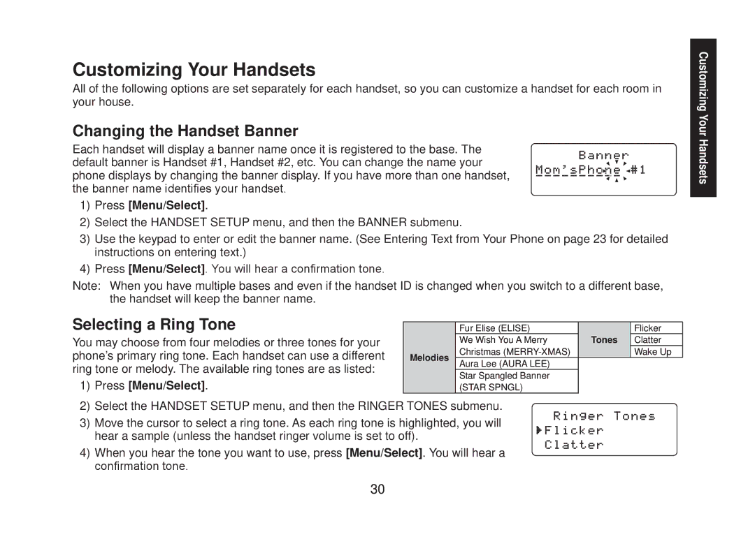 Uniden DECT2088 Series manual Customizing Your Handsets, Changing the Handset Banner, Selecting a Ring Tone 