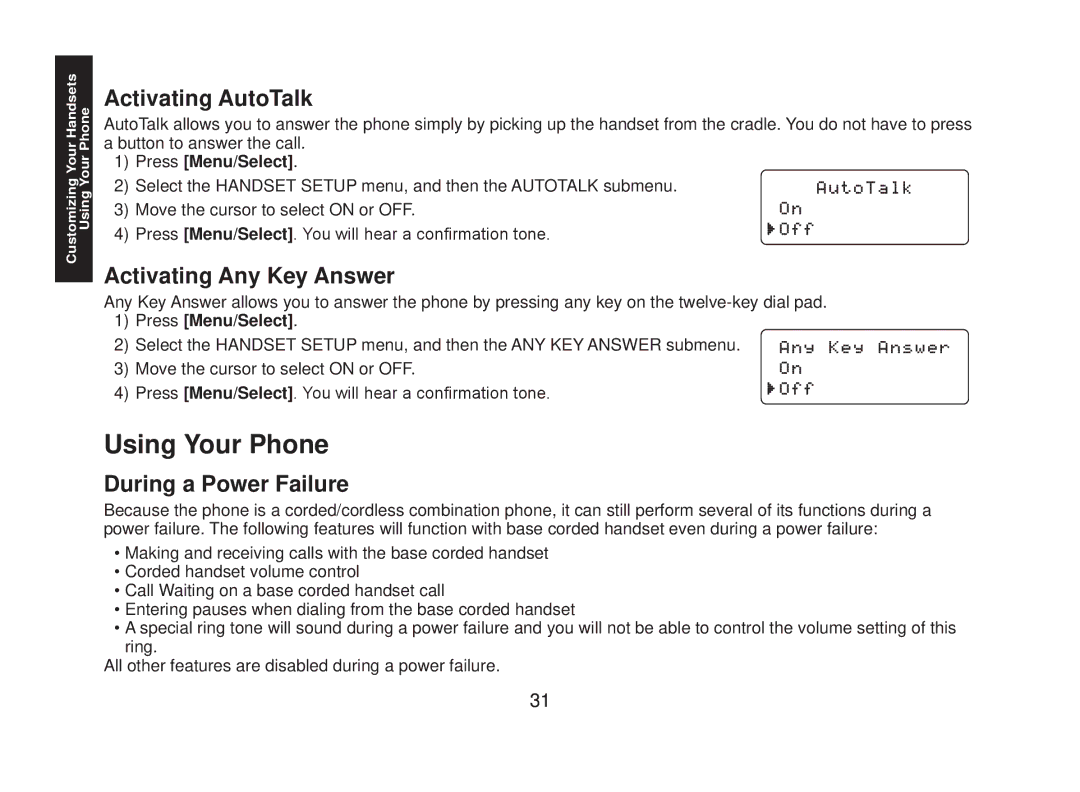 Uniden DECT2088 Series manual Using Your Phone, Activating AutoTalk, Activating Any Key Answer, During a Power Failure 