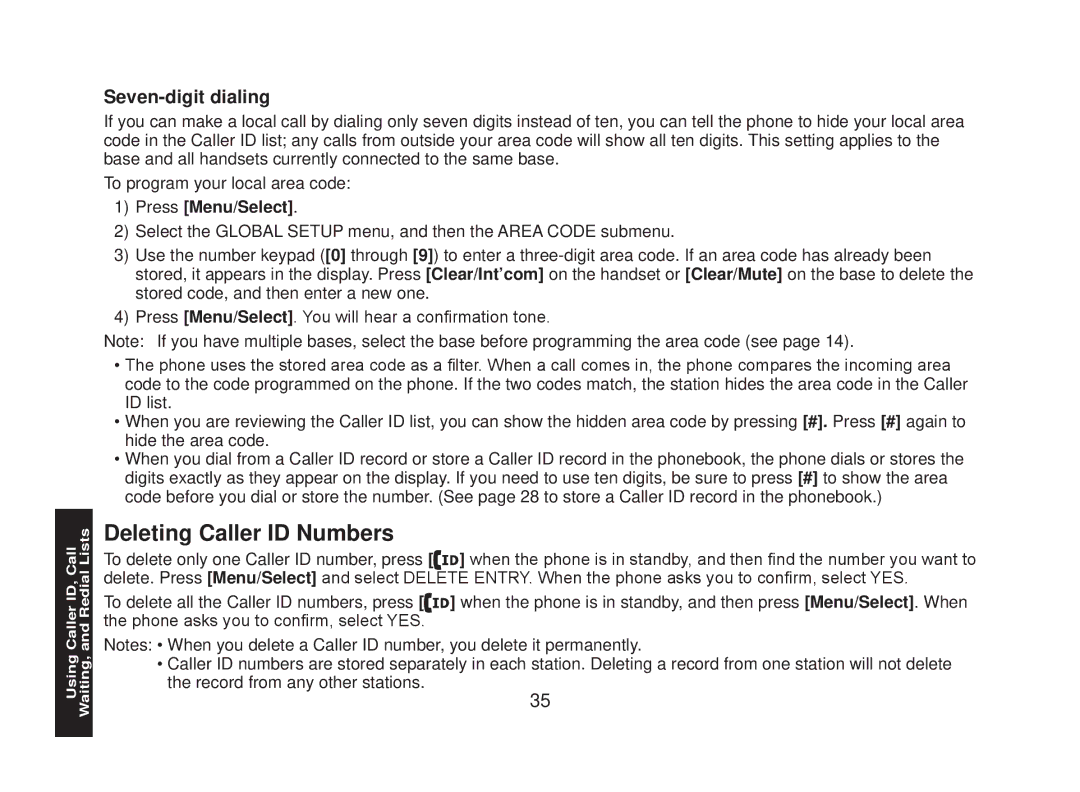 Uniden DECT2088 Series manual Deleting Caller ID Numbers, Seven-digit dialing 