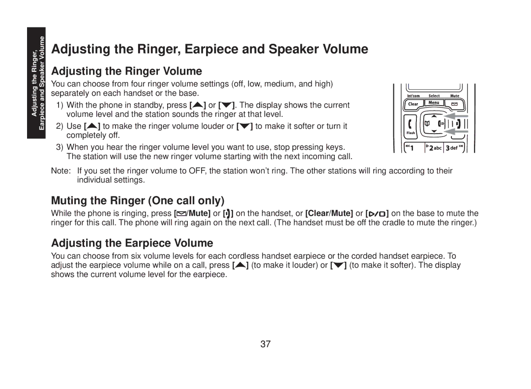 Uniden DECT2088 Series manual Adjusting the Ringer, Earpiece and Speaker Volume, Adjusting the Ringer Volume 