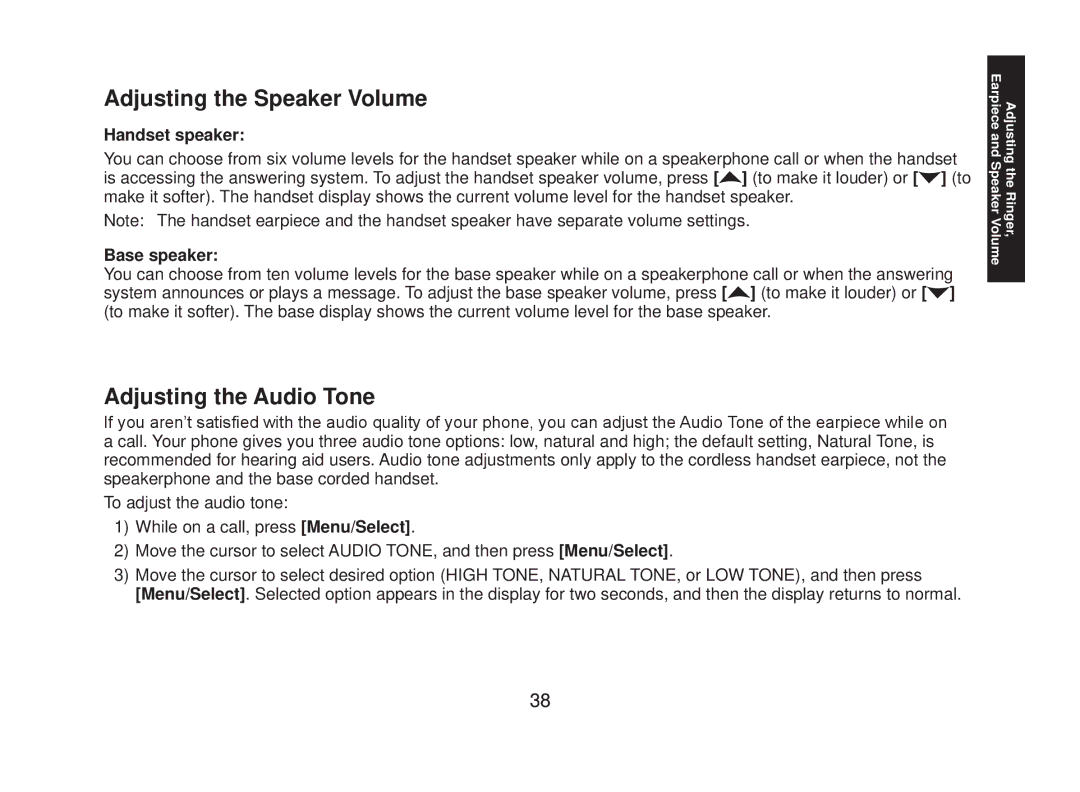 Uniden DECT2088 Series manual Adjusting the Speaker Volume, Adjusting the Audio Tone, Handset speaker, Base speaker 