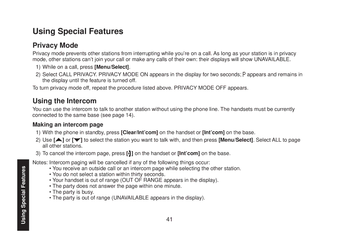 Uniden DECT2088 Series manual Using Special Features, Privacy Mode, Using the Intercom, Making an intercom 