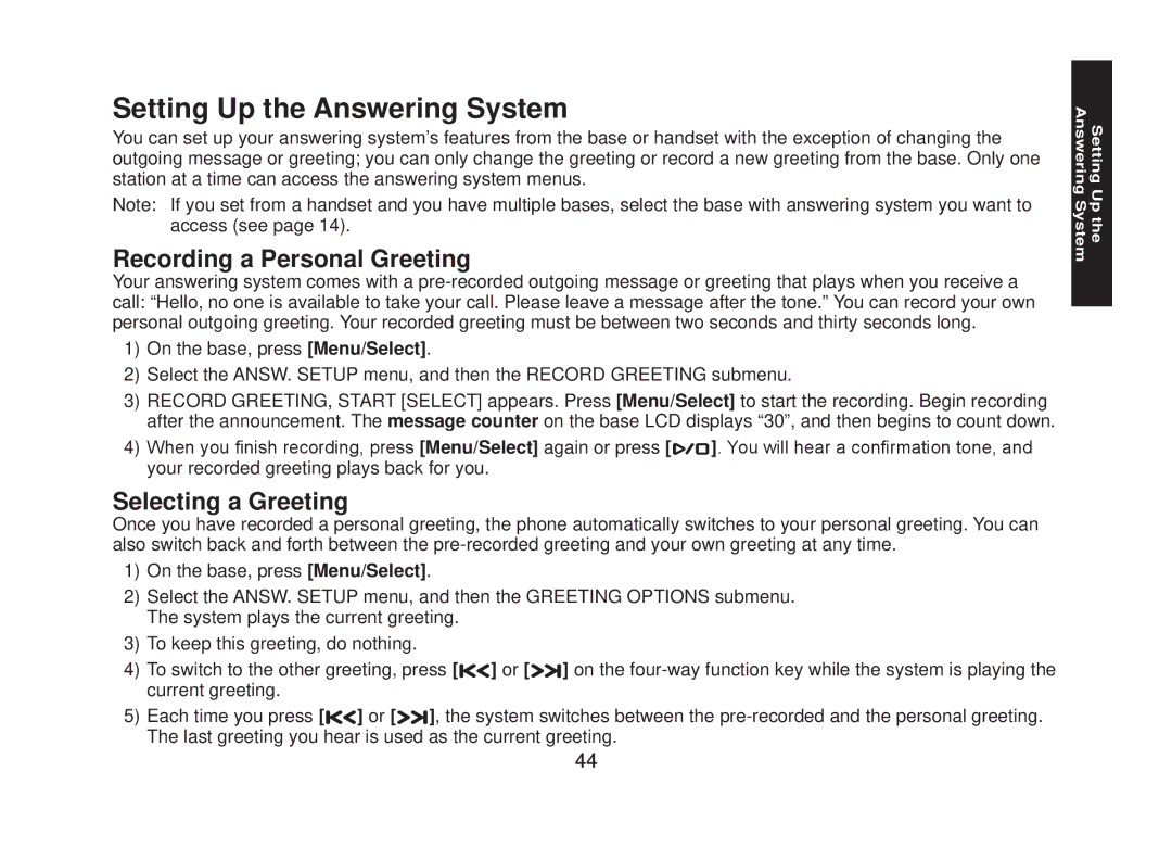 Uniden DECT2088 Series manual Setting Up the Answering System, Recording a Personal Greeting, Selecting a Greeting 