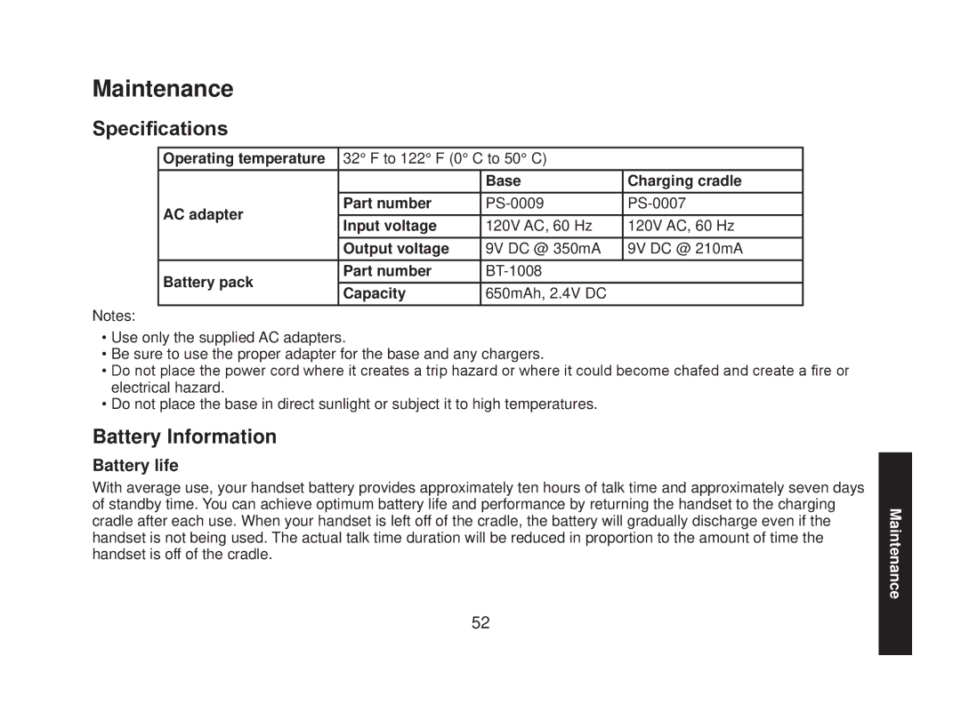 Uniden DECT2088 Series manual Maintenance, Specifications, Battery Information, Battery life 