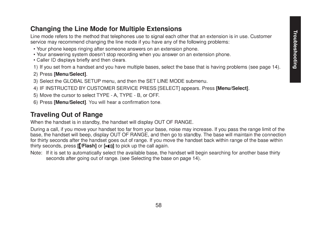 Uniden DECT2088 Series manual Changing the Line Mode for Multiple Extensions, Traveling Out of Range 