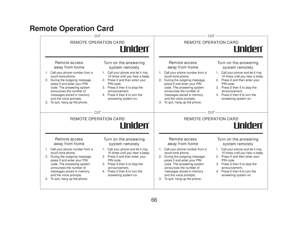 Uniden DECT2088 Series manual Remote Operation Card, Remote access away from home 