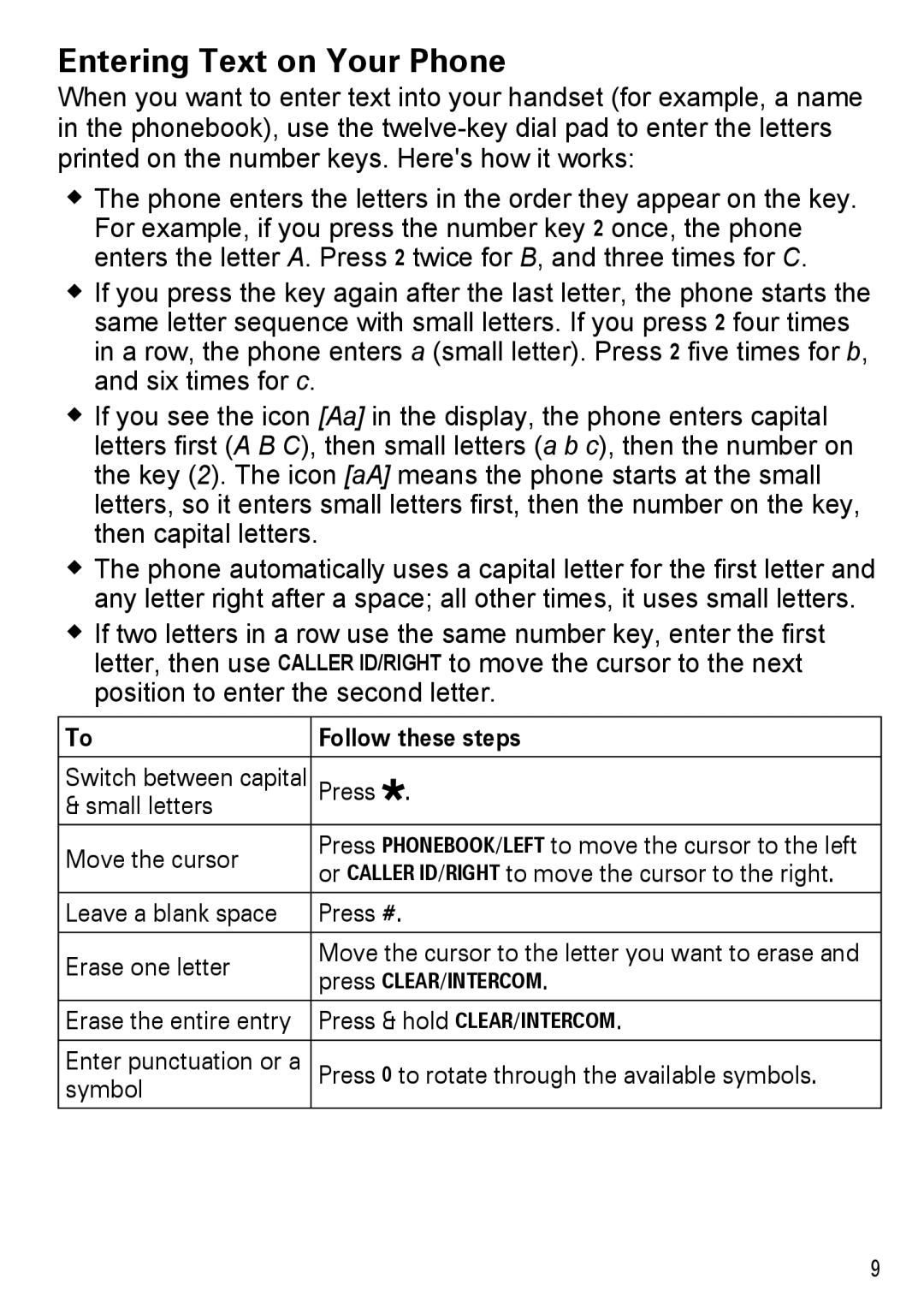 Uniden DECT2180 Series manual Entering Text on Your Phone, Follow these steps 