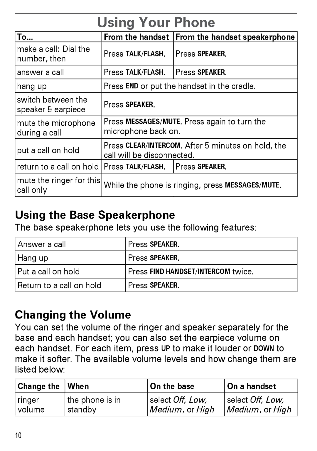 Uniden DECT2180 Series Using Your Phone, Using the Base Speakerphone, Changing the Volume, When On the base On a handset 