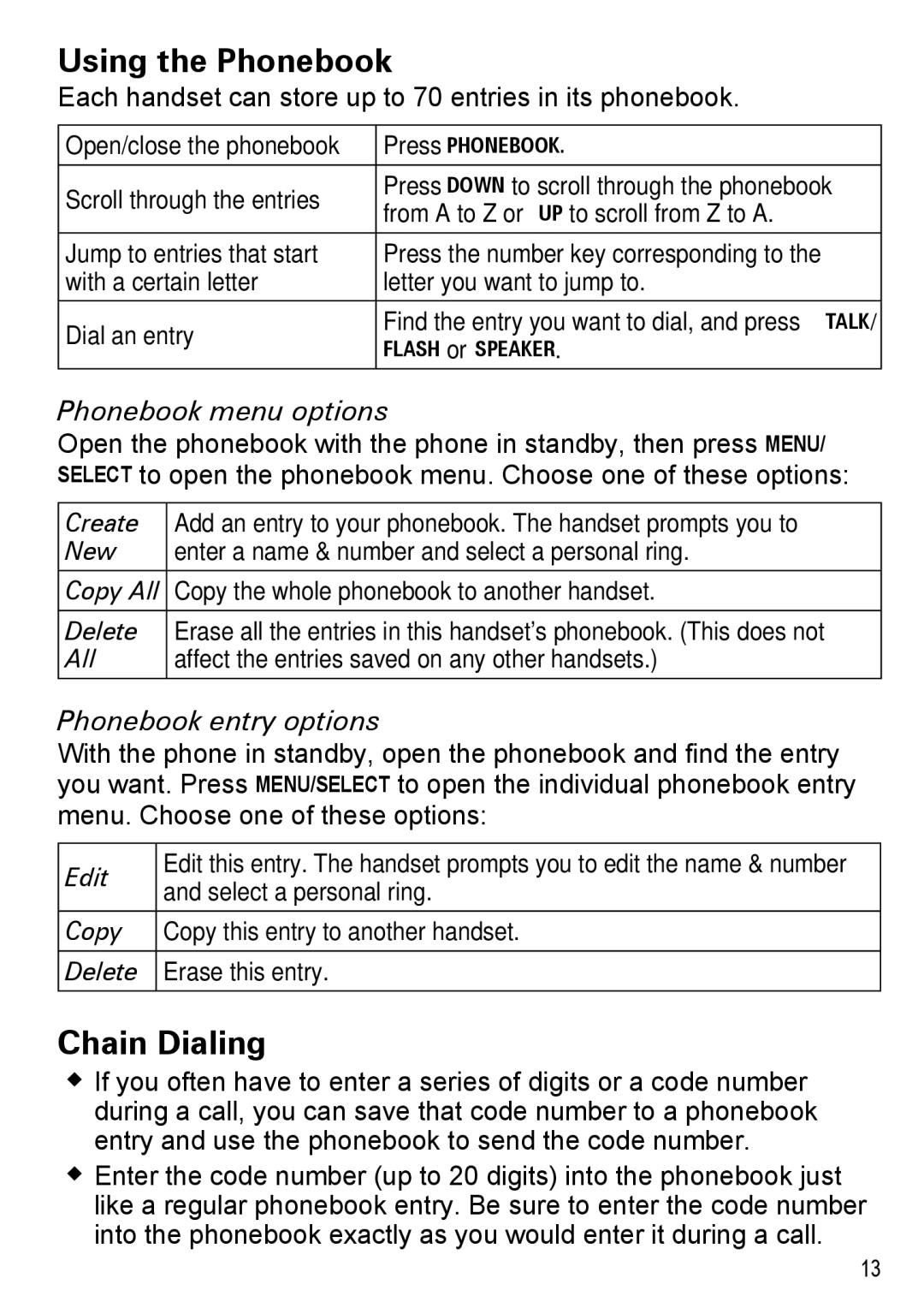 Uniden DECT2180 Series manual Using the Phonebook, Chain Dialing, Phonebook menu options, Phonebook entry options 