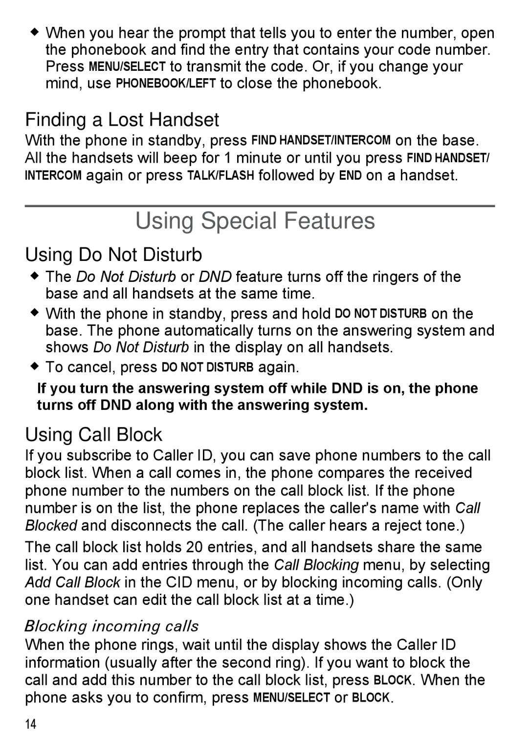 Uniden DECT2180 Series manual Using Special Features, Finding a Lost Handset, Using Do Not Disturb, Using Call Block 