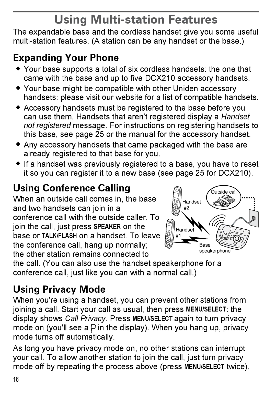 Uniden DECT2180 Series Using Multi-station Features, Expanding Your Phone, Using Conference Calling, Using Privacy Mode 