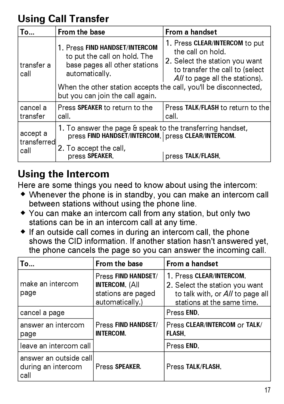 Uniden DECT2180 Series manual Using Call Transfer, Using the Intercom, From the base From a handset 