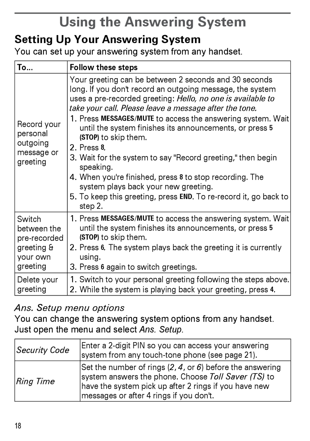 Uniden DECT2180 Series manual Using the Answering System, Setting Up Your Answering System, Ans. Setup menu options 