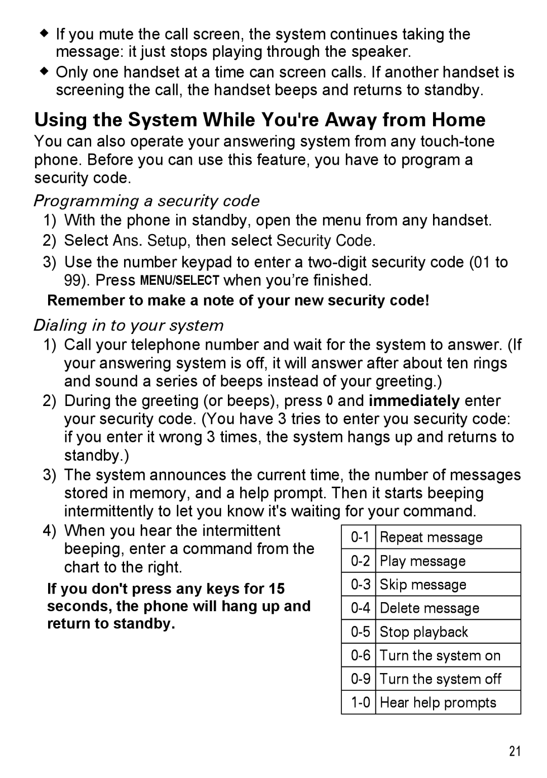 Uniden DECT2180 Series Using the System While Youre Away from Home, Programming a security code, Dialing in to your system 