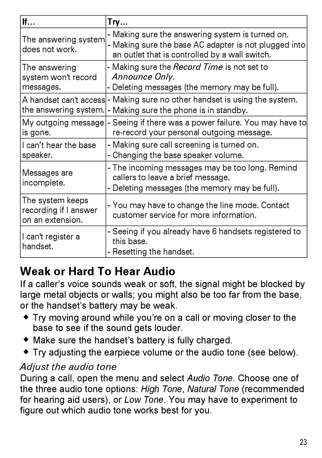 Uniden DECT2180 Series manual Weak or Hard To Hear Audio, Adjust the audio tone, Announce Only 