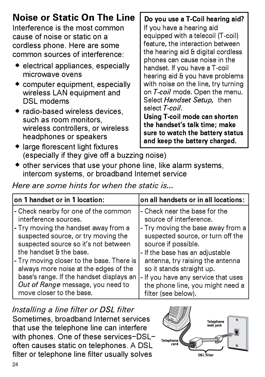 Uniden DECT2180 Series manual Noise or Static On The Line, Here are some hints for when the static is 