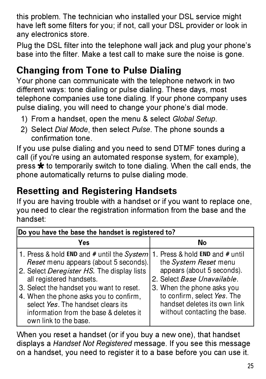 Uniden DECT2180 Series manual Changing from Tone to Pulse Dialing, Resetting and Registering Handsets, System Reset menu 