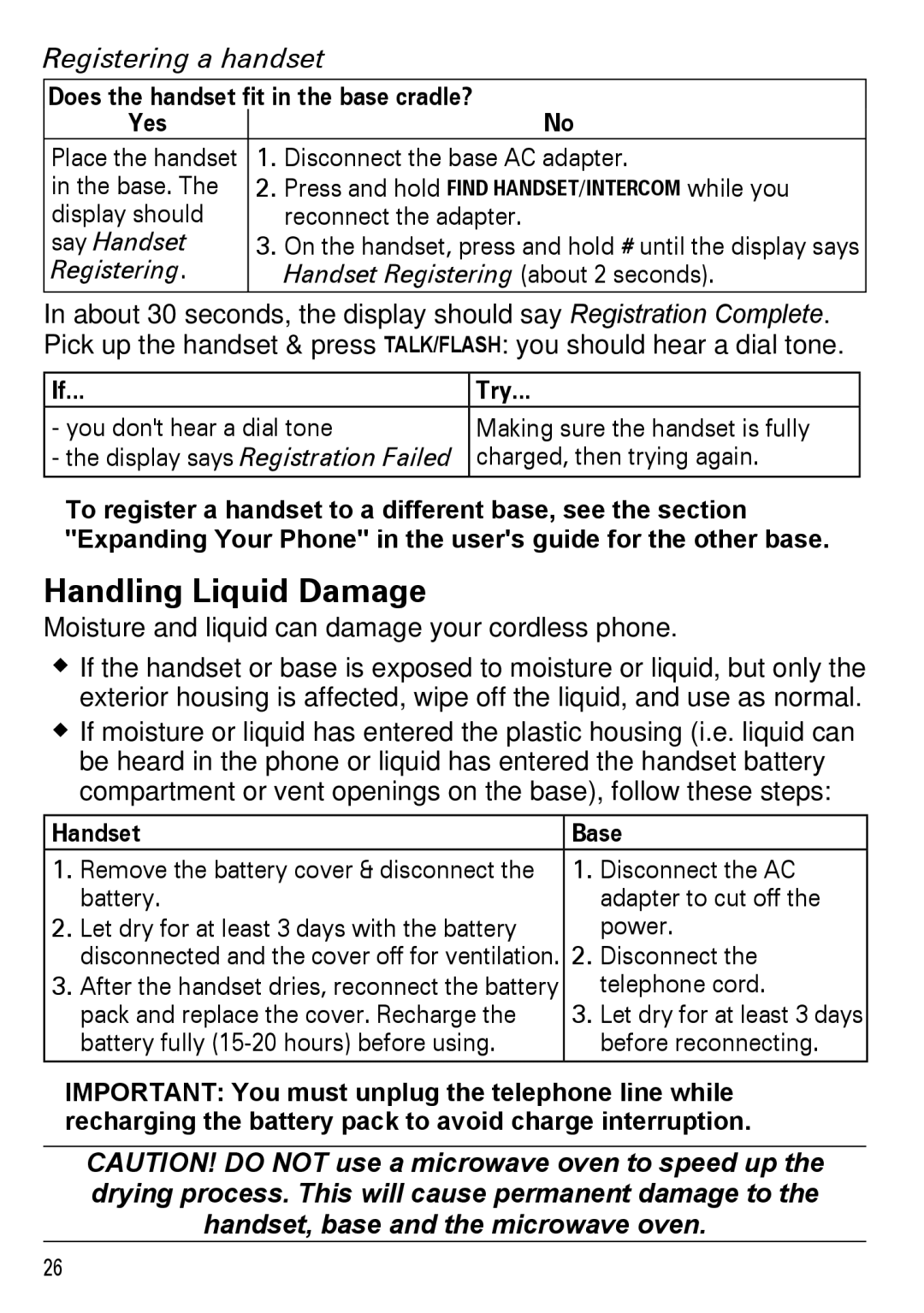 Uniden DECT2180 Series Handling Liquid Damage, Registering a handset, Moisture and liquid can damage your cordless phone 