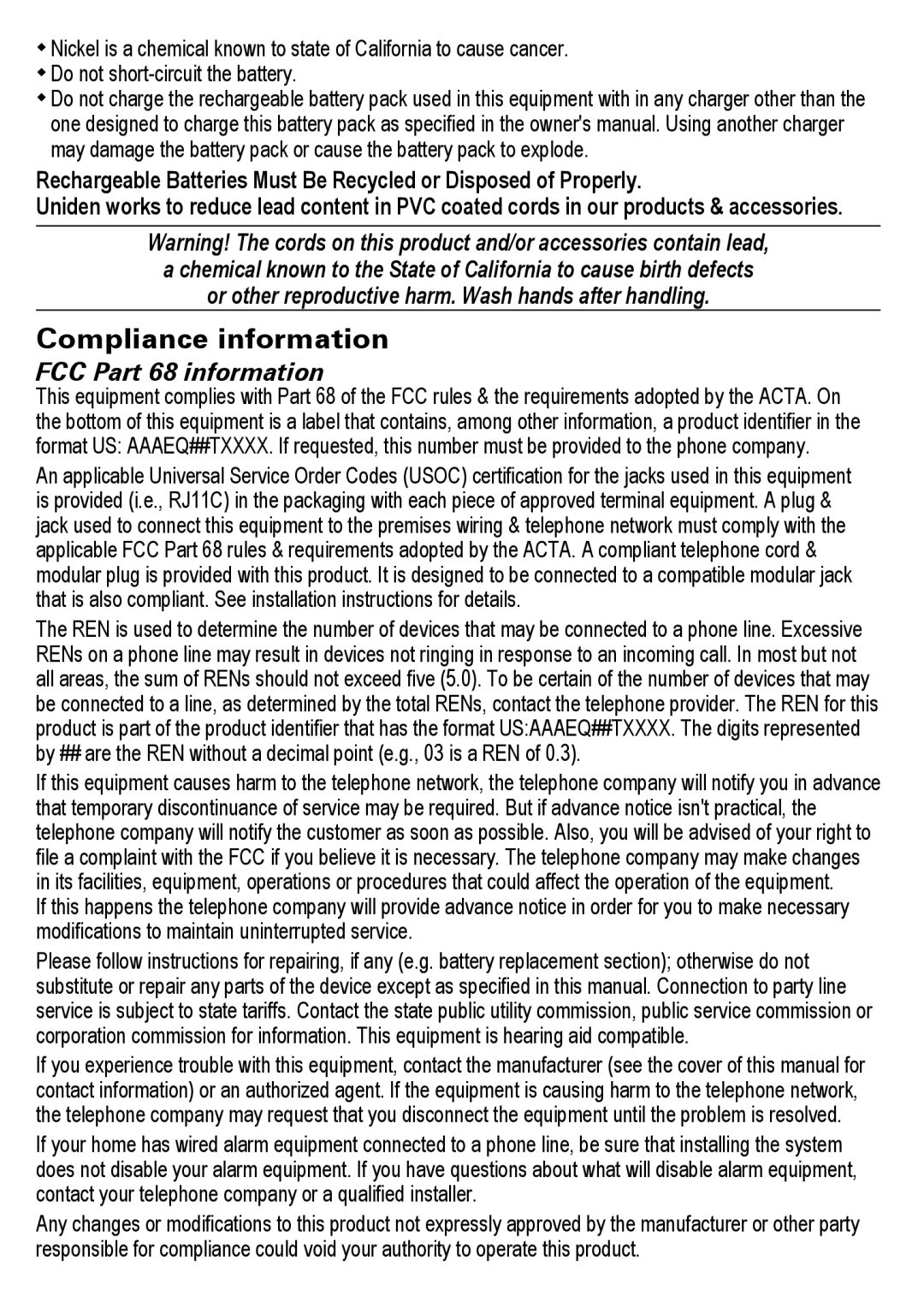 Uniden DECT2180 Series manual Compliance information 