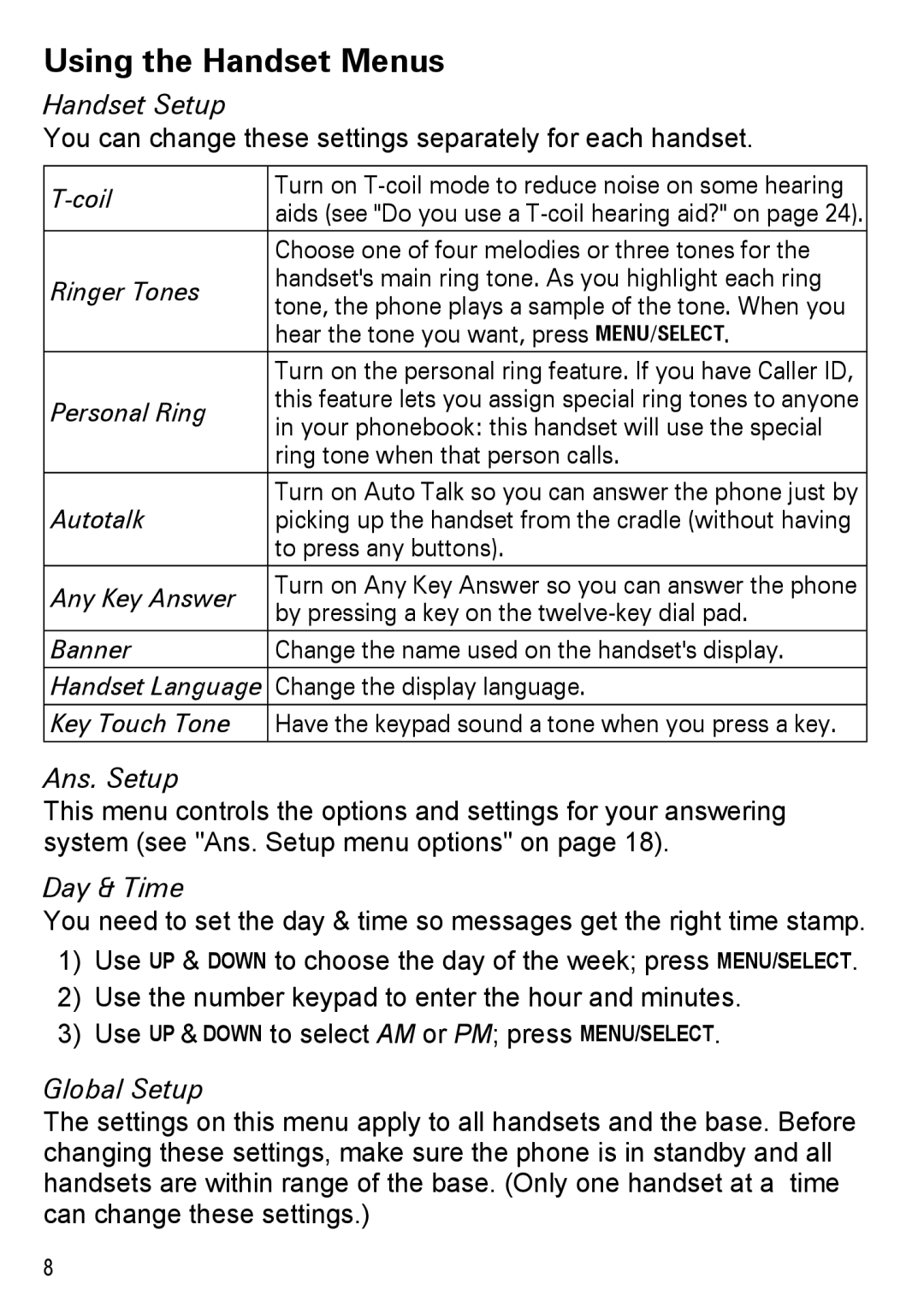 Uniden DECT2185 manual Using the Handset Menus, Handset Setup, Ans. Setup, Day & Time, Global Setup 