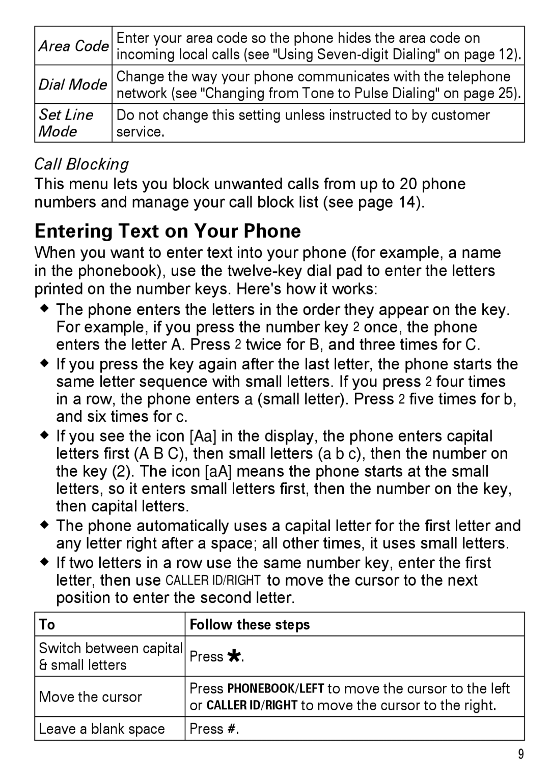 Uniden DECT2185 manual Entering Text on Your Phone, Call Blocking, Follow these steps 