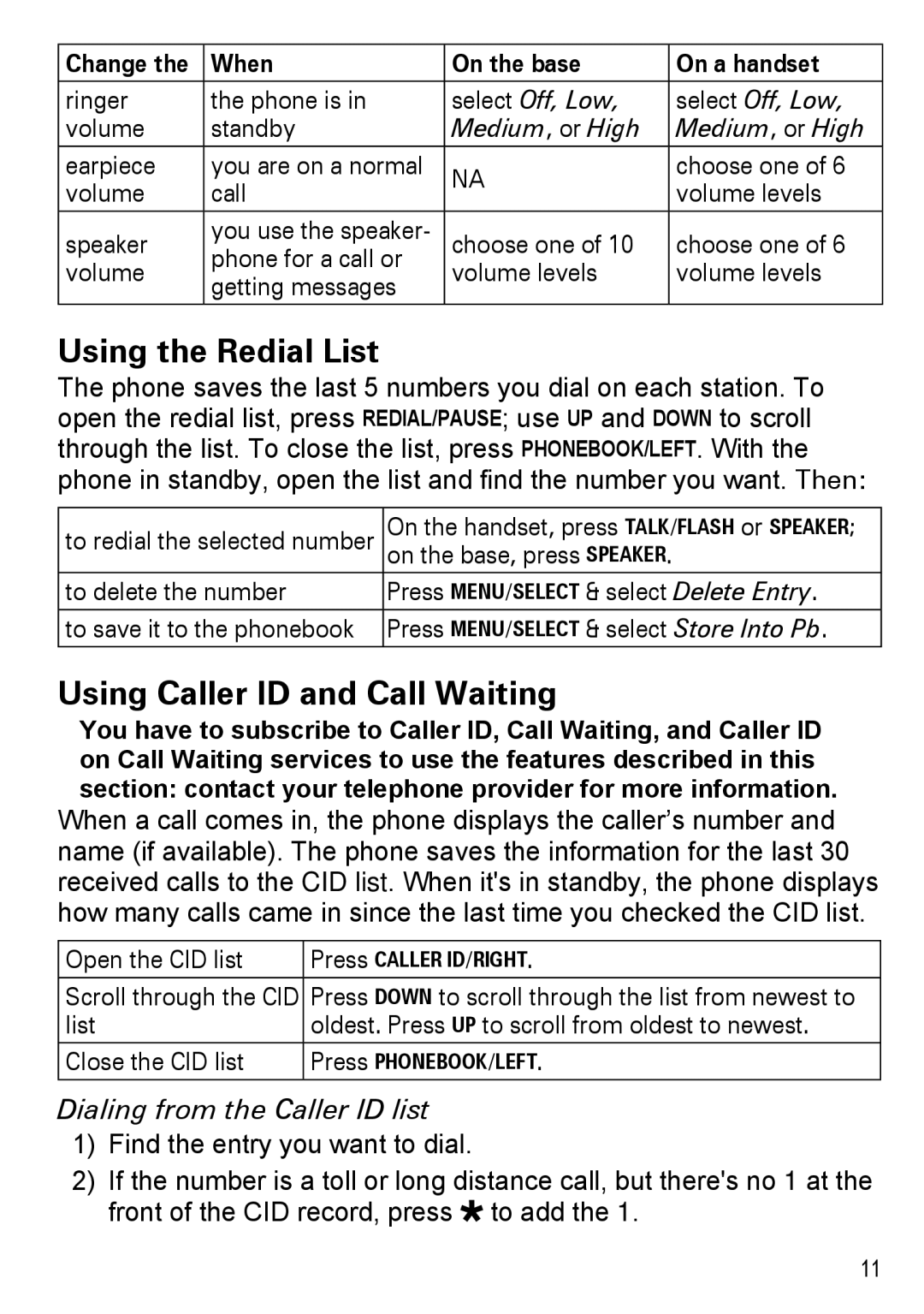 Uniden DECT2185 manual Using the Redial List, Using Caller ID and Call Waiting, Dialing from the Caller ID list 