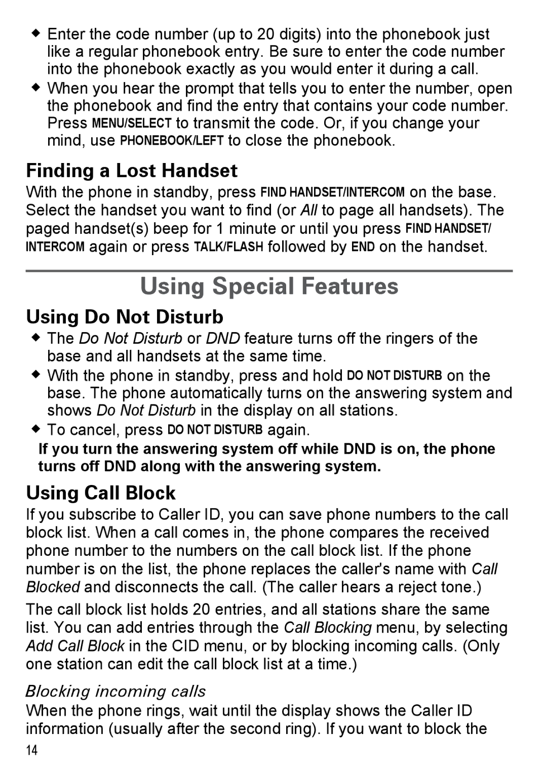 Uniden DECT2185 manual Using Special Features, Finding a Lost Handset, Using Do Not Disturb, Using Call Block 