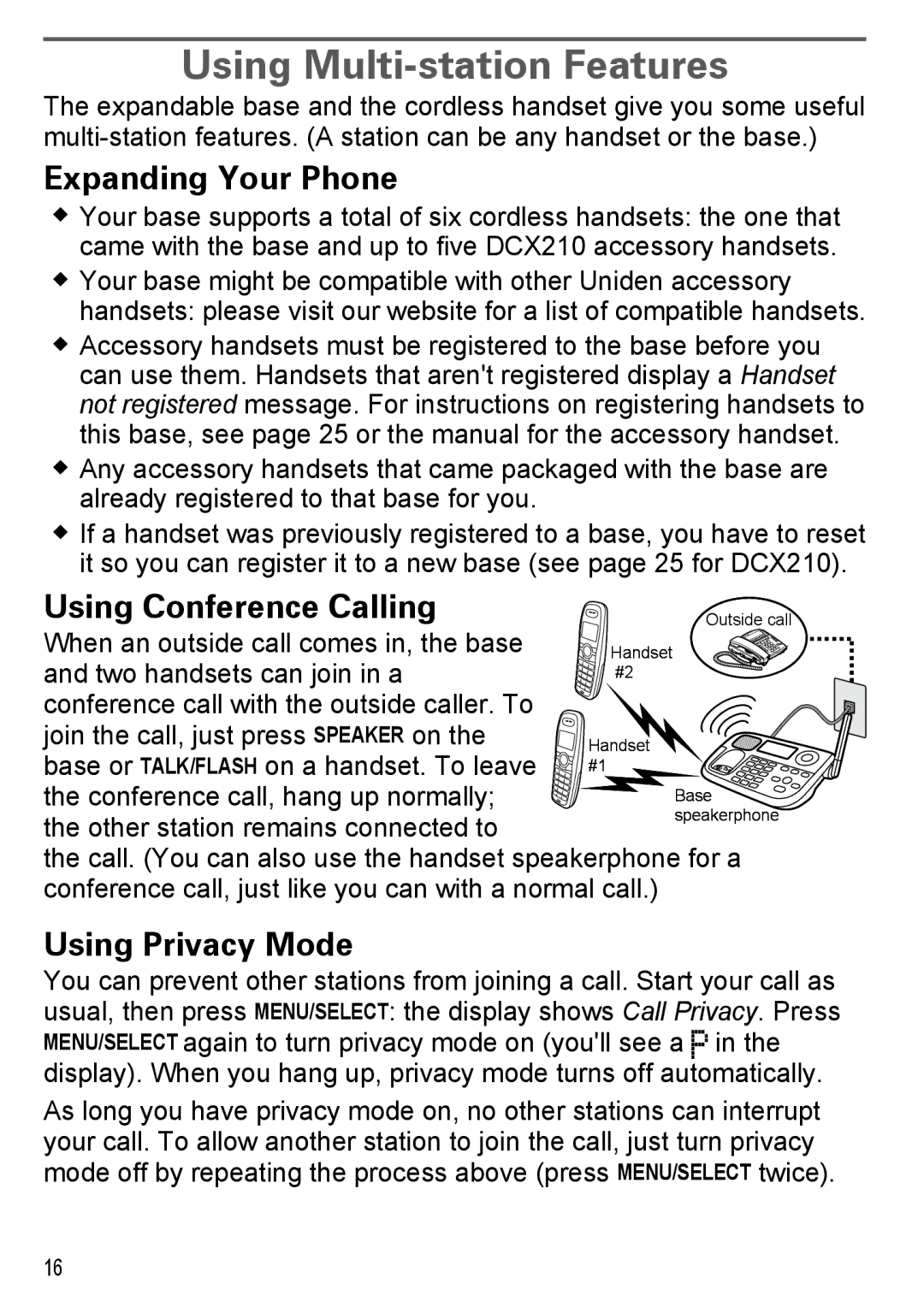 Uniden DECT2185 manual Using Multi-station Features, Expanding Your Phone, Using Conference Calling, Using Privacy Mode 