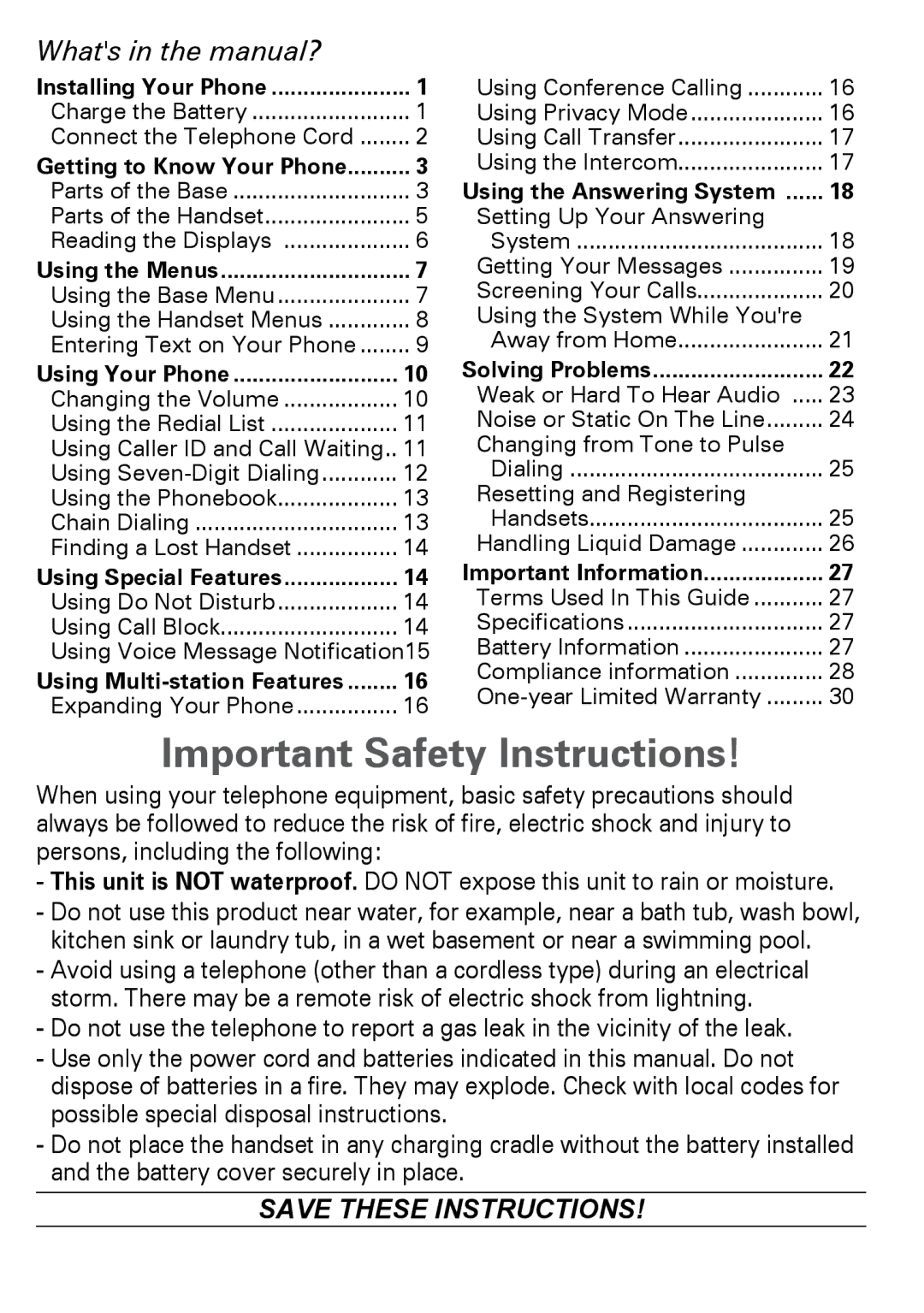 Uniden DECT2185 Important Safety Instructions, Whats in the manual? 