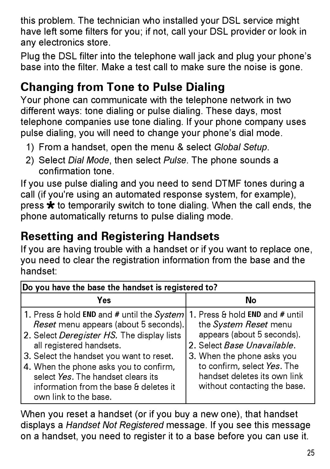 Uniden DECT2185 manual Changing from Tone to Pulse Dialing, Resetting and Registering Handsets, System Reset menu 