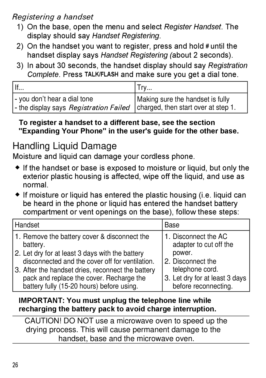 Uniden DECT2185 manual Handling Liquid Damage, Registering a handset, Handset Base 