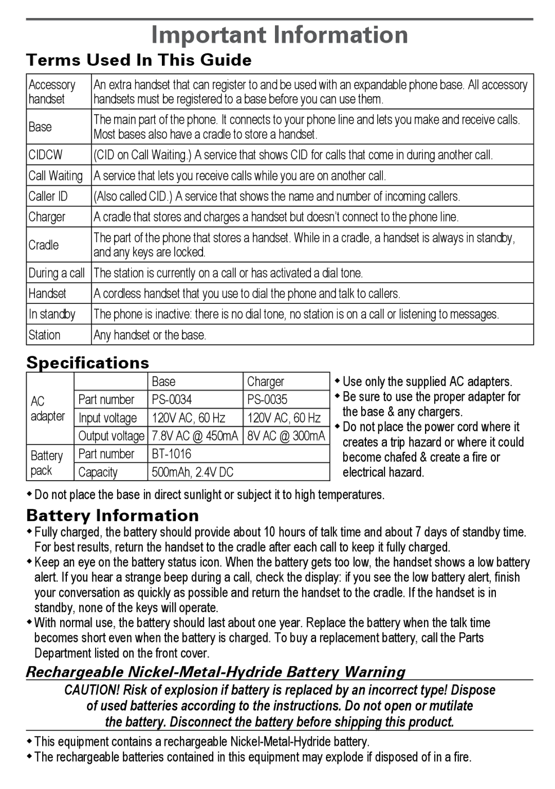 Uniden DECT2185 manual Important Information, Terms Used In This Guide 