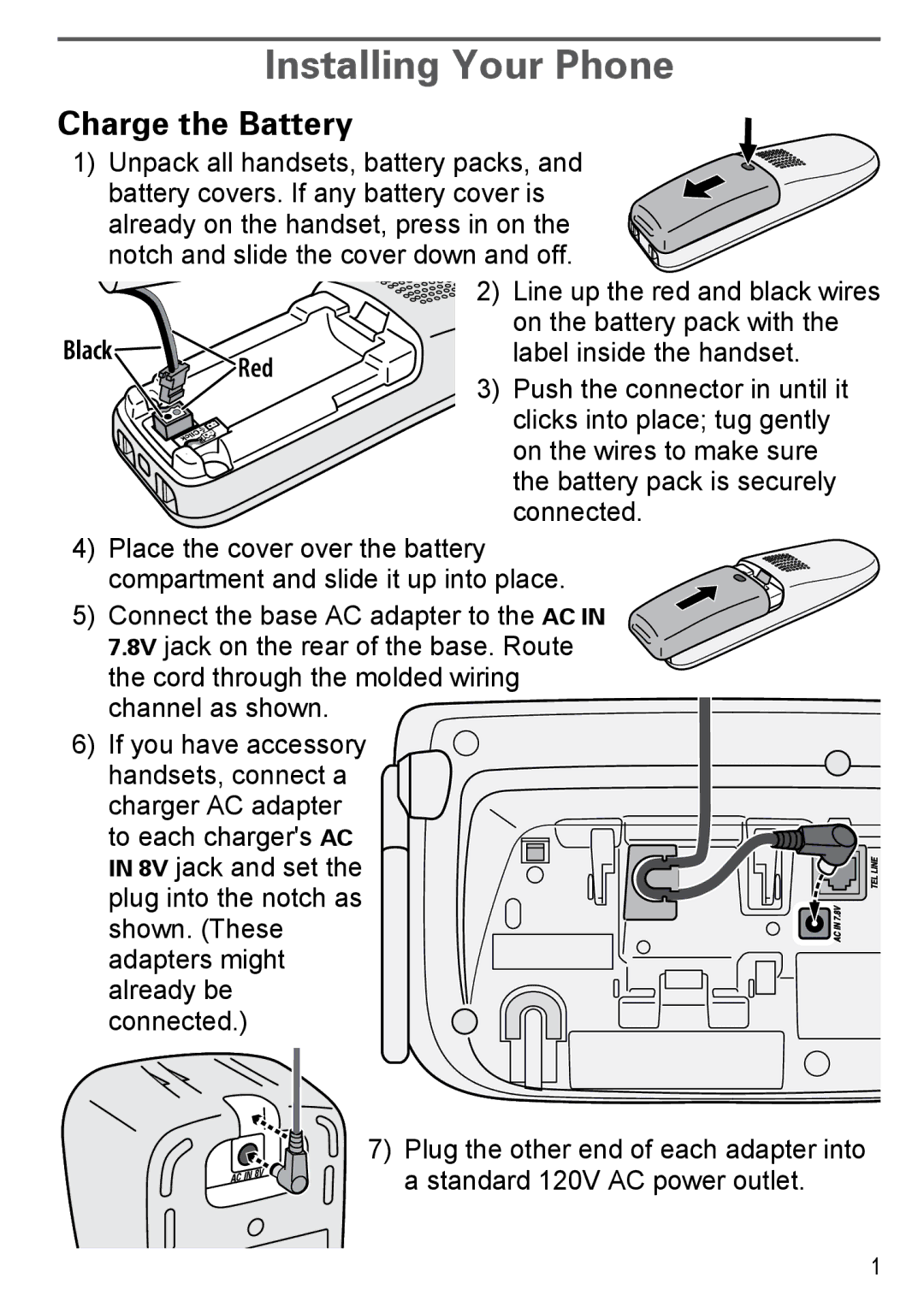 Uniden DECT2185 manual Installing Your Phone, Charge the Battery 