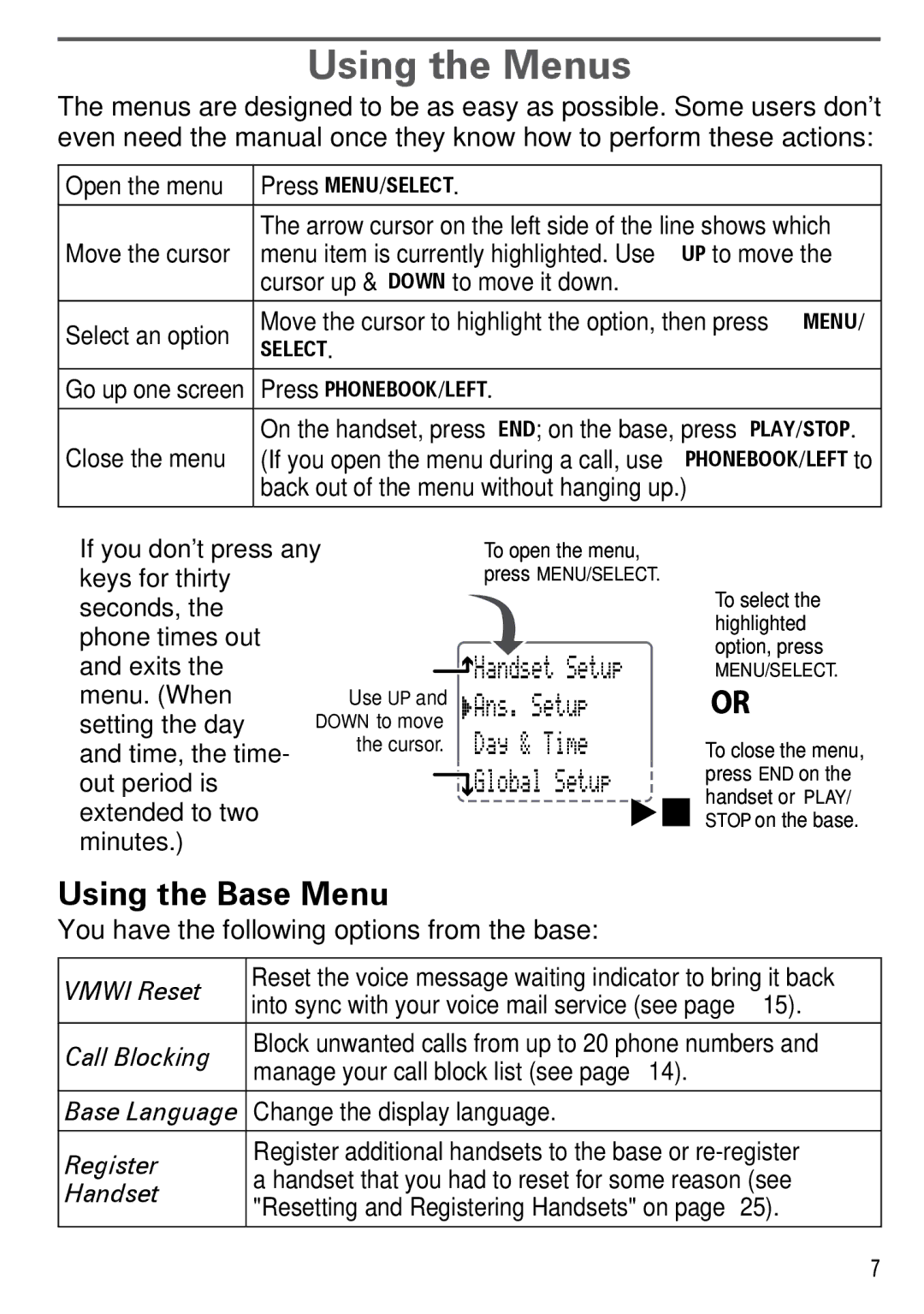 Uniden DECT2185 manual Using the Menus, Using the Base Menu, Handset Setup Ans. Setup Day & Time Global Setup 