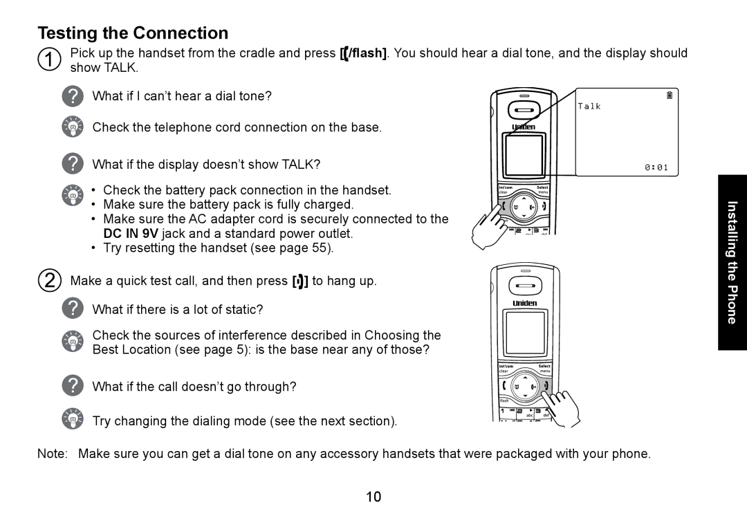 Uniden DECT3080 manual Testing the Connection 