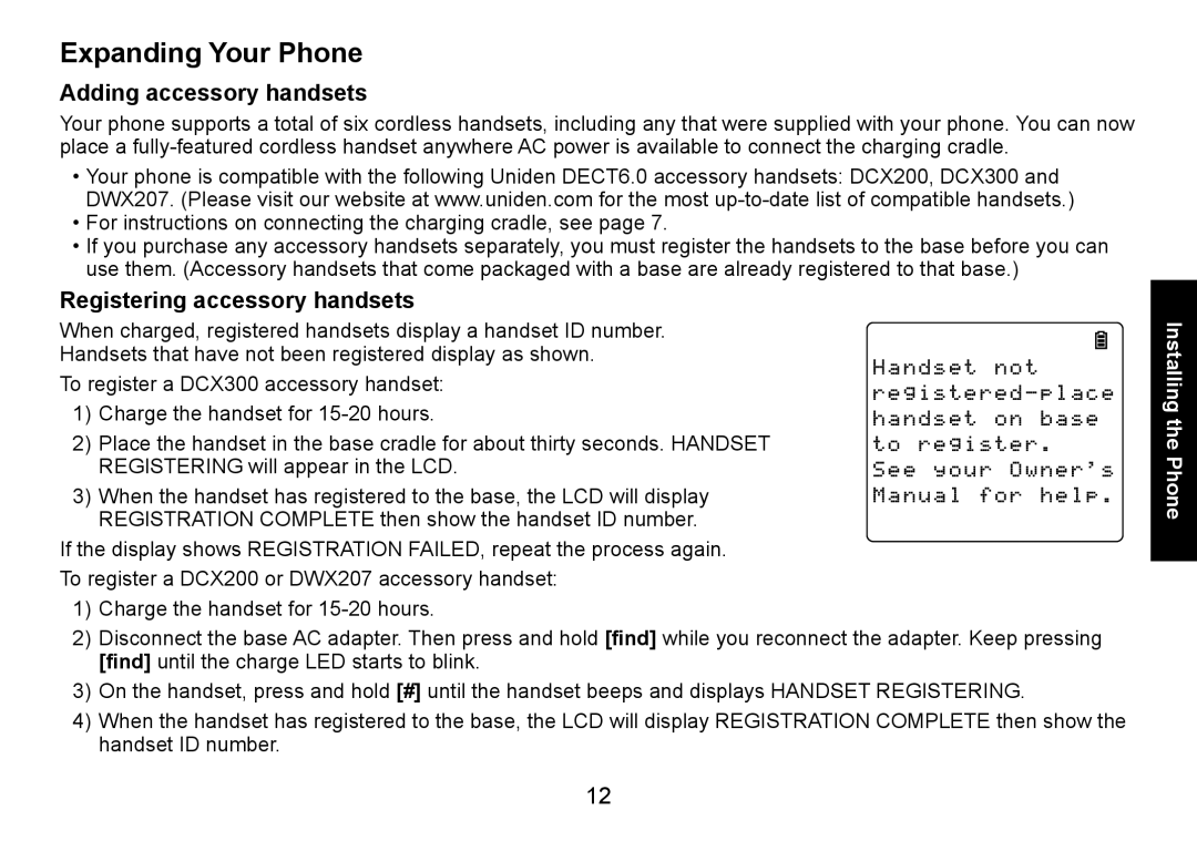 Uniden DECT3080 manual Expanding Your Phone, Adding accessory handsets, Registering accessory handsets 